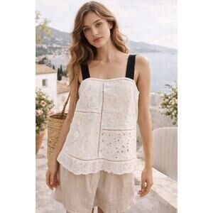 Zara Patchwork Lace Embroidery Sleeveless Top Ecru Eyelet Cotton Boho Romantic S